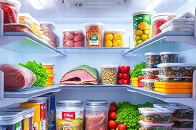 Organized freezer with labeled food containers, symbolizing waste reduction.