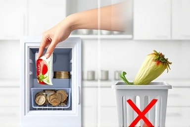 Money saving and waste reduction concept with freezer and coins.