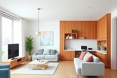 Modern living room with wooden room divider separating spaces