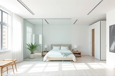 Apartment with glass partition defining bedroom area