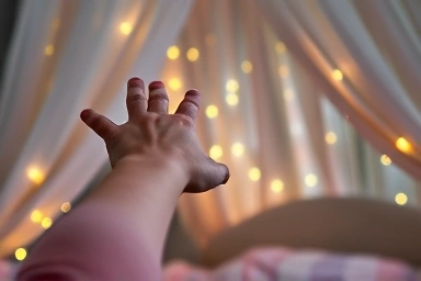 Child's hand touching a soft canopy bed with fairy lights.