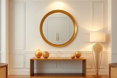 Elegant living room with gold accents and mirror.