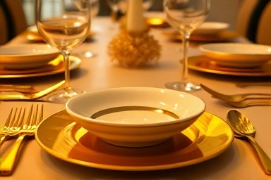 Dining table setting with gold plates and cutlery.
