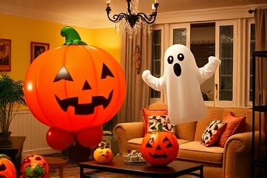 Festive Halloween home party decor with balloons and DIY elements.