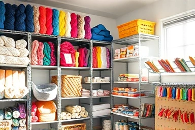 Organized craft room with metal shelves and art supplies.