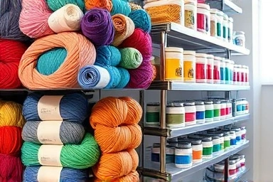 Colorful yarn and art supplies neatly organized on shelves.