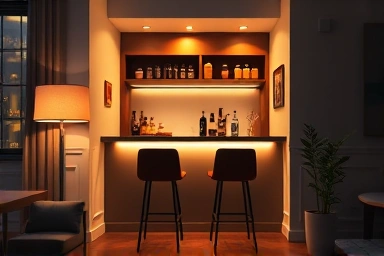 Cozy home bar interior with ambient lighting and bar stools.