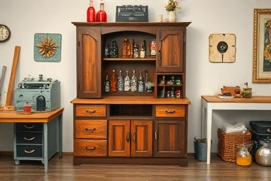 Budget-friendly DIY home bar with repurposed furniture.