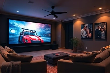Luxurious home theater setup with projector and comfortable seating.