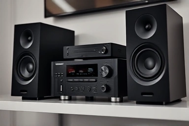 Close-up of premium home theater audio and video equipment.
