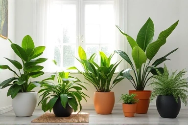 Modern living room filled with air-purifying plants for housewarming gift.
