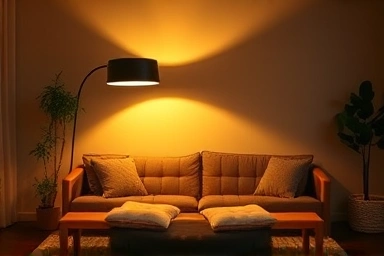 Cozy living room with IKEA Simpliciia lamp casting warm light.