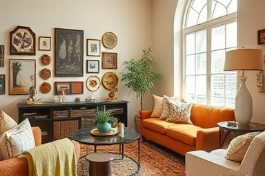 Cozy, stylish living room with unique interior decor items.