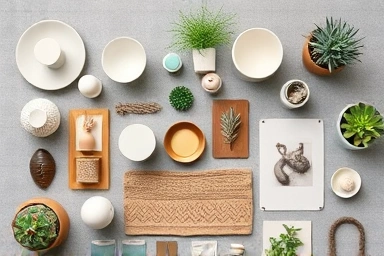 Artistic flat lay of diverse interior decor accessories.