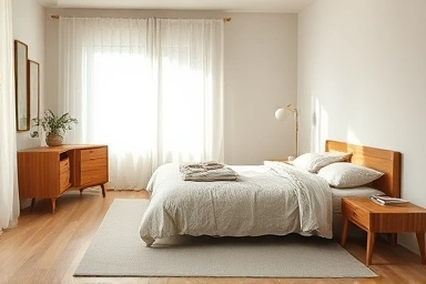 Minimalist Japanese-inspired bedroom with natural materials and soft light.