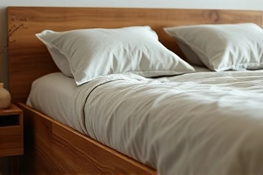 Close-up of serene bedroom details: low bed, neutral textures, soft lighting.