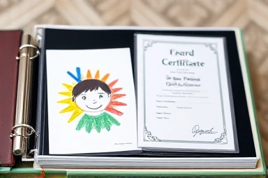 Close-up of child's drawing and award certificate in storage.