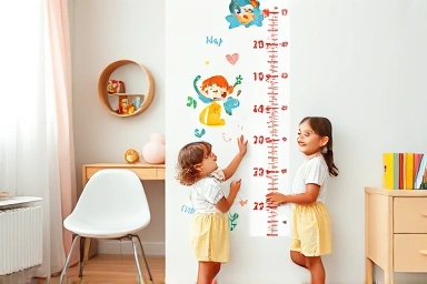 Child's bedroom with height chart sticker and happy family.