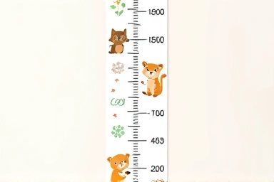 Close-up of a cute, eco-friendly animal height chart sticker on a wall.