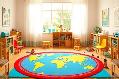 Cozy children's room with educational world map rug