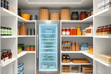 Organized kitchen pantry with integrated kimchi refrigerator and neat storage.