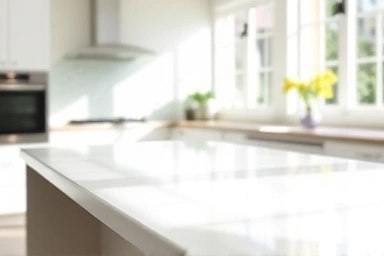 Modern kitchen with new white engineered stone countertop
