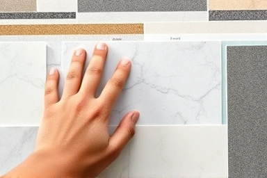 Close-up of artificial marble countertop sample selection