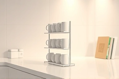 Modern kitchen with organized cup organizer and clear counter space.