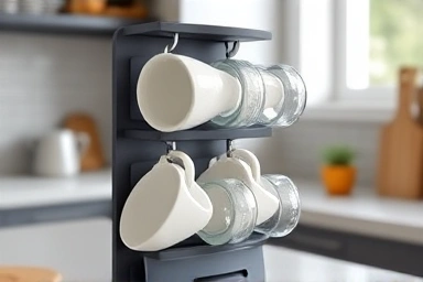 Sleek vertical cup organizer showcasing mugs and tumblers.