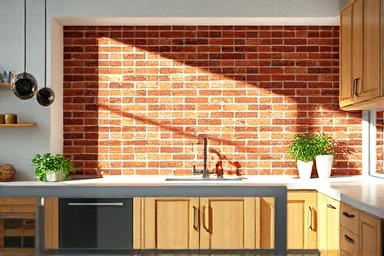 Modern kitchen with rustic red brick tile accent wall.