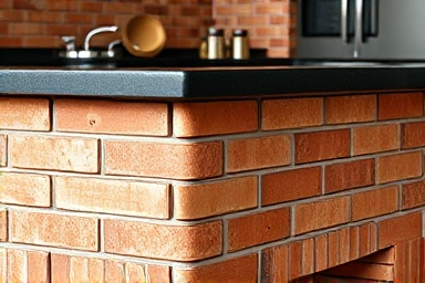 Textured red brick tiles on a kitchen island, close-up.