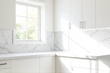 Kitchen tile sheet renovation with marble pattern.