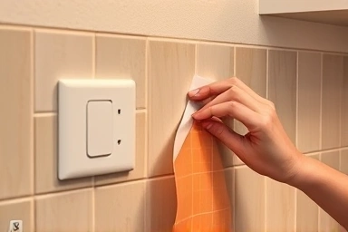 DIY kitchen tile sheet application near outlet.