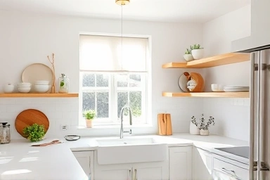 Modern kitchen with open shelves, plants, and decor.