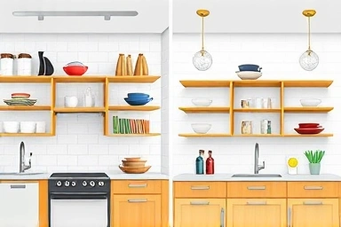 Visual contrast: kitchen shelves vs. upper cabinets for spaciousness.
