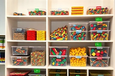 Organized LEGO storage solutions in a playroom.
