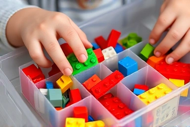 Child organizing LEGO bricks into compartments.