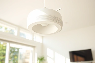 Clean and bright modern living room with dust-free ceiling light.