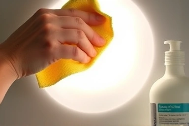 Hand cleaning yellowed light cover with microfiber cloth and detergent.