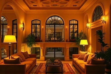 Cozy living room with warm ambient lighting.
