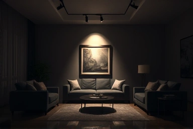 Modern living room with dramatic spotlight on artwork