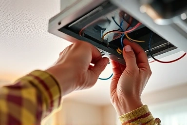 Electrician's hands wiring ceiling for lighting fixture