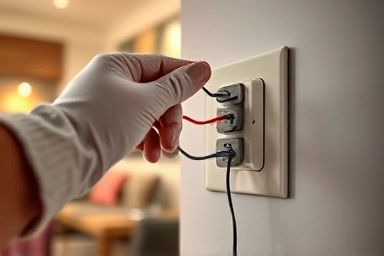 Hand installing modern light switch, interior decor upgrade