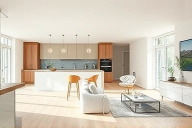 Modern living room and kitchen divided by a stylish partition