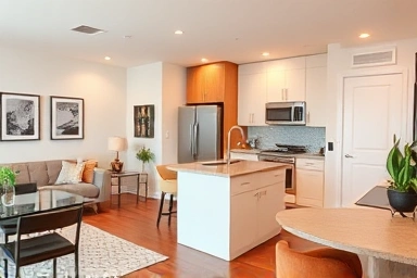 Small apartment living room and kitchen with island divider