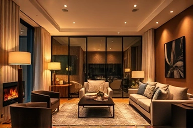 Cozy living room with layered ambient and accent lighting.