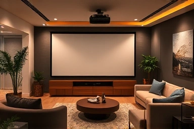 Modern living room home cinema with projector screen