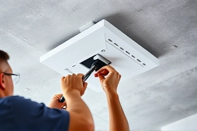 Professional installer mounting projector screen bracket safely