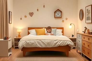 Safe and cozy low-profile family bed setup in a child-friendly bedroom.