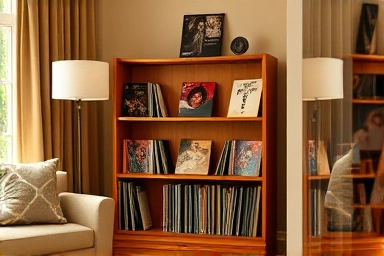 Stylish wooden LP record storage cabinet in a cozy living room.
